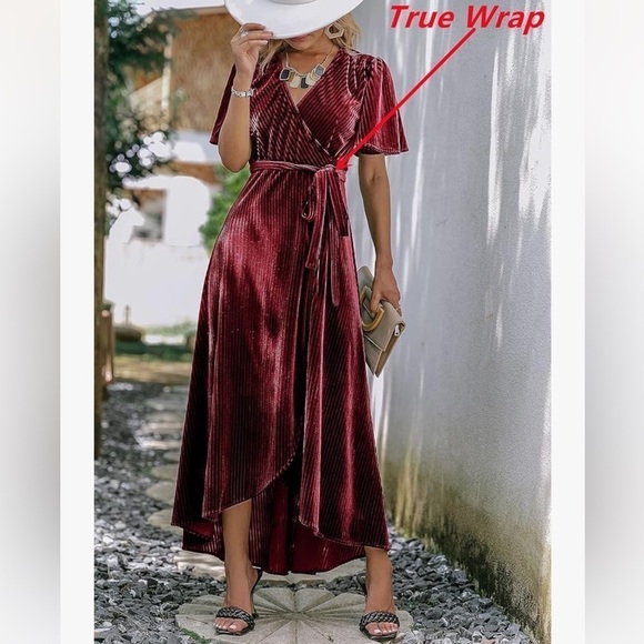 Women’s Red Wine Colored Velvet Wrap Dress - Picture 2 of 4